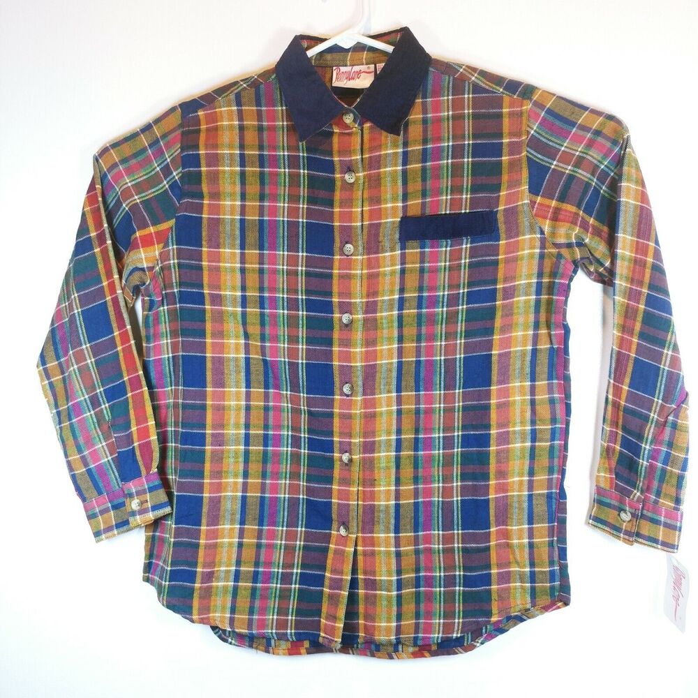 VTG Penny Lane 100% cotton Button Up plaid collar CAMP SHIRT LS sz M w tag